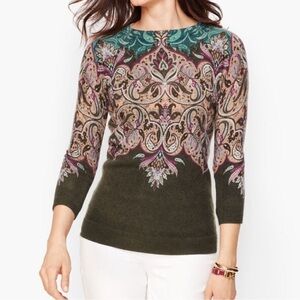 Talbots Women's 100% Cashmere Audrey 3/4 Sleeve Top Brown‎ Multi Color Small NEW